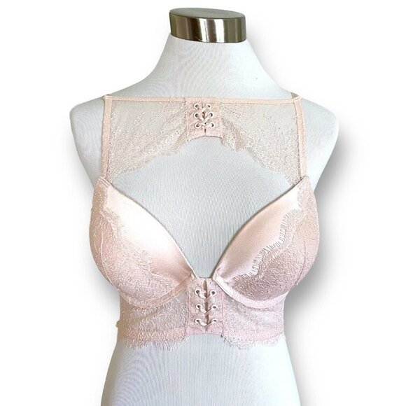 Victorias Secret Very Sexy Push Up Bra 32D Ballet Pink Lace High Neck Longline - Picture 2 of 9